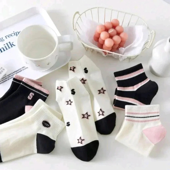 5 pair set pink light weight women's ankle socks black white pink casual dress - Picture 7 of 7